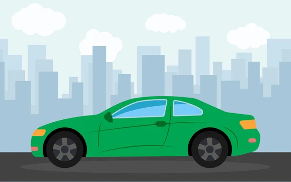 Zelená sportovní auto v pozadí mrakodrapů v odpoledních hodinách — Stockový vektor