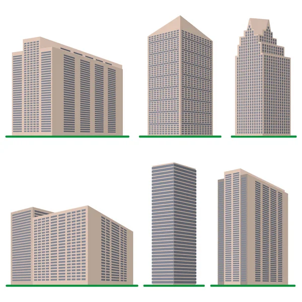 Set van zes moderne hoogbouw bouwen op een witte achtergrond — Stockvector