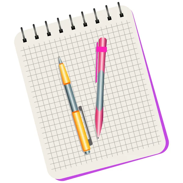 Cuaderno, pluma amarilla y pluma rosa — Vector de stock