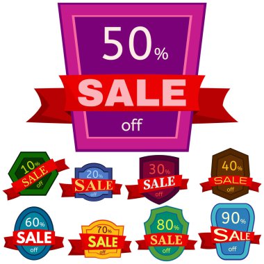 Farklı dokuz indirim çıkartmaları kümesi. Satılık 10-%90 indirimli için kırmızı kurdele ile renkli rozetleri