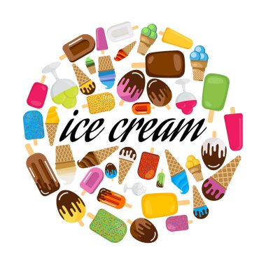 Daire içinde renkli dondurma kümesi. Siyah yazıt dondurma Merkezi.