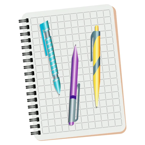 Notebook, blauwe pen, paarse pen en gele pen — Stockvector