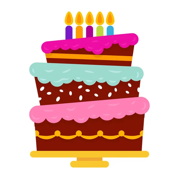 Γλυκό γενέθλια τούρτα με πέντε κεριά καύση. Επιδόρπιο πολύχρωμο Ενοικιαζόμενα — Διανυσματικό Αρχείο