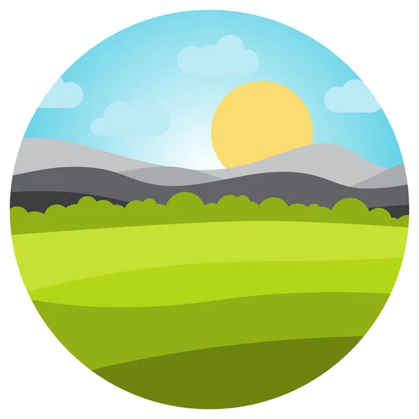 Paisaje vectorial con campo y montañas en círculo — Vector de stock