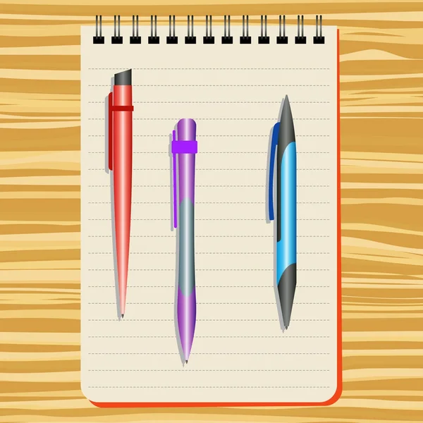 Cuaderno, pluma roja, pluma púrpura y pluma azul — Vector de stock