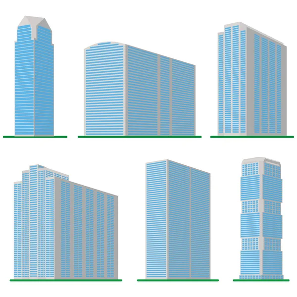 Set van zes moderne hoogbouw bouwen op een witte achtergrond — Stockvector