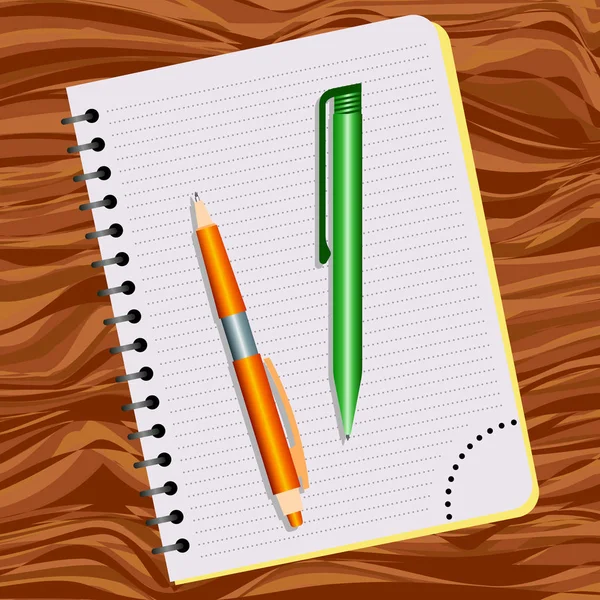 Carnet, stylo orange et stylo vert — Image vectorielle