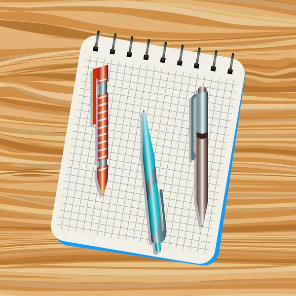 Caderno, caneta laranja, caneta azul e caneta castanha — Vetor de Stock