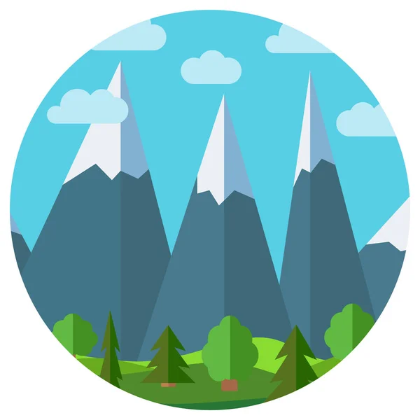 Vector de dibujos animados paisaje de montaña en círculo — Vector de stock