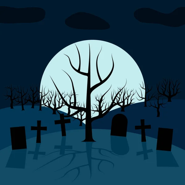 Ein einsamer Baum auf dem Friedhof in der Nacht vor dem Mond. — Stockvektor