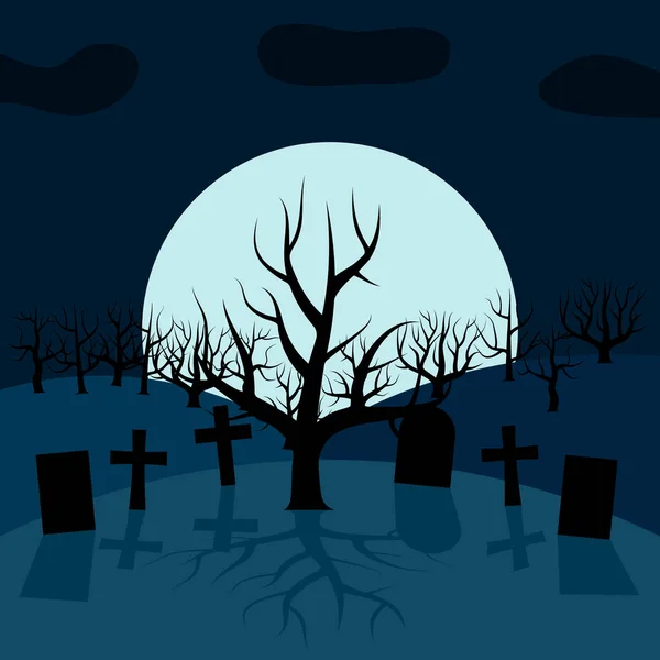 Одинокое дерево на кладбище ночью перед Луной . — стоковый вектор