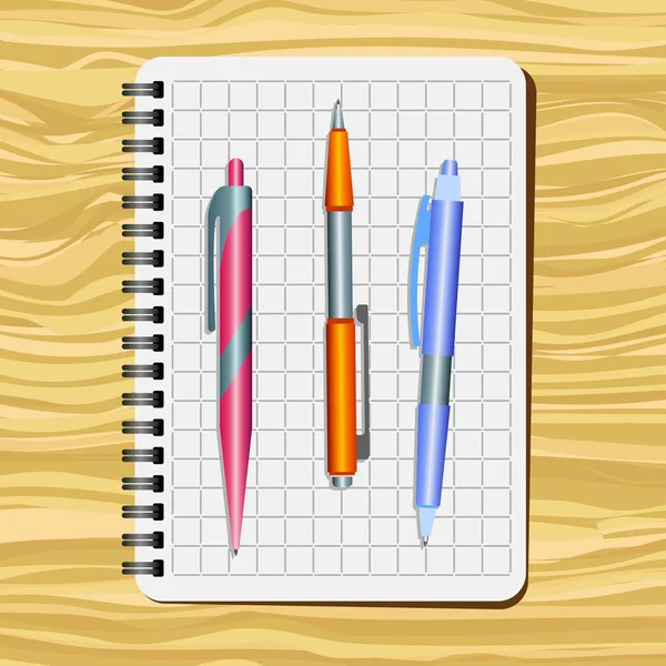 Ноутбук, красная ручка, оранжевая ручка и синяя ручка — стоковый вектор