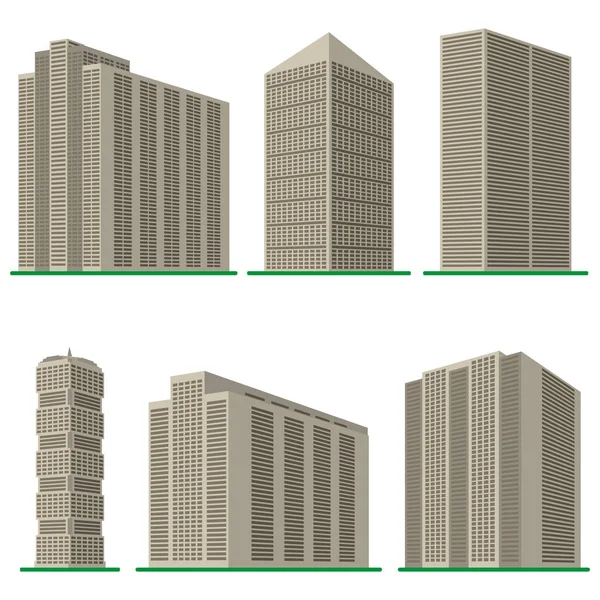 Ensemble de six gratte-ciel modernes sur fond blanc — Image vectorielle