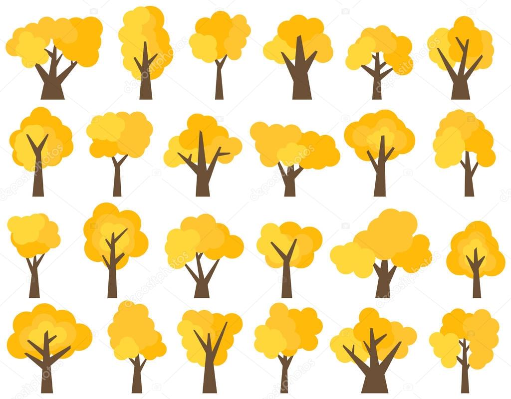 Set of twenty four different cartoon yellow trees isolated on white background