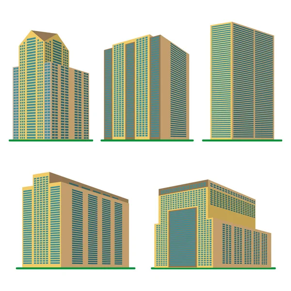 Set van vijf moderne hoogbouw bouwen op een witte achtergrond — Stockvector