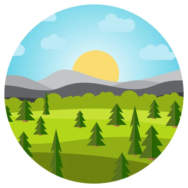 Paisaje vectorial con campo y árboles y montañas en círculo — Vector de stock