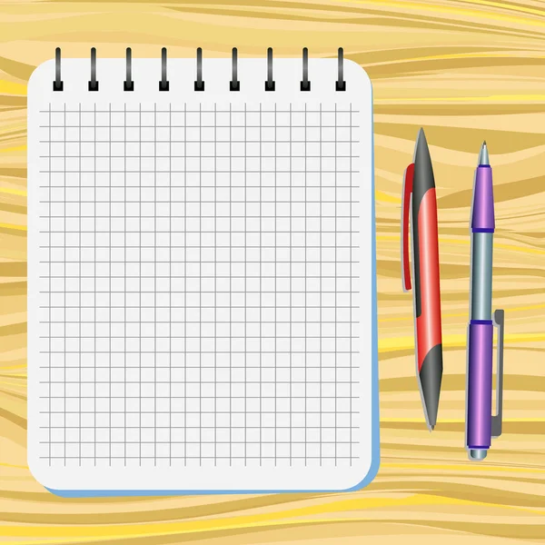 Poznámkového bloku, červené pero a fialové pero — Stockový vektor