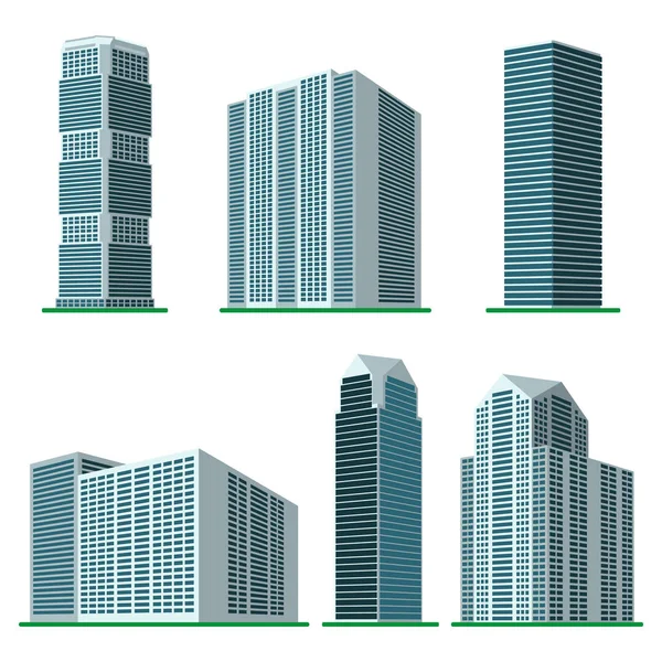 Ensemble de six gratte-ciel modernes sur fond blanc — Image vectorielle