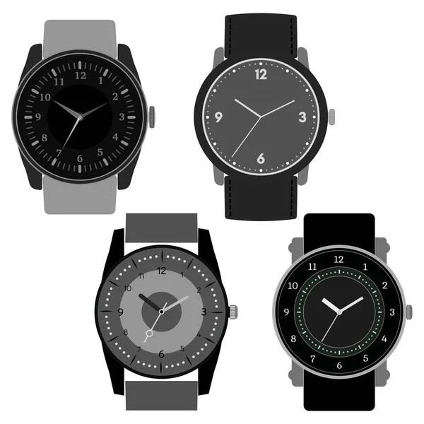 Ensemble de quatre montres noires et blanches sur fond blanc — Image vectorielle