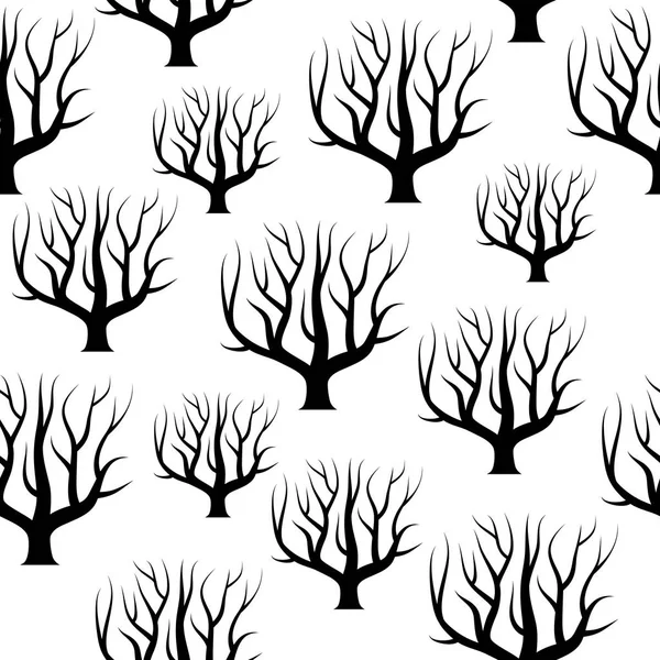 Seamless black and white curved trees without leaves backgrounds. — Stock Vector