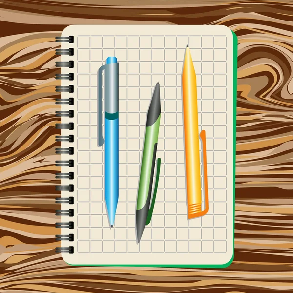Notizbuch, blauer Stift, grüner Stift und gelber Stift — Stockvektor
