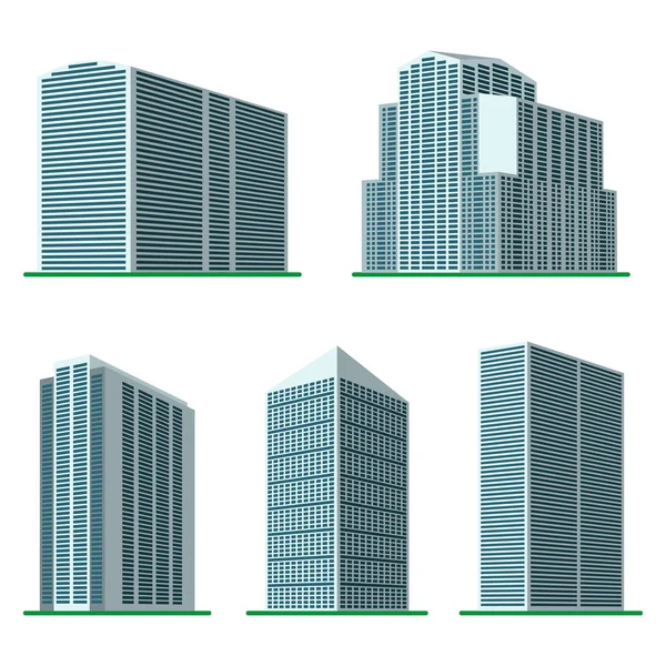 Set van vijf moderne hoogbouw bouwen op een witte achtergrond — Stockvector