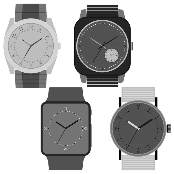 Conjunto de quatro relógios em preto e branco sobre fundo branco — Vetor de Stock