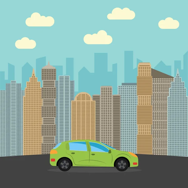 Coche verde en la ciudad. Automóvil sobre un fondo de rascacielos en un día soleado . — Vector de stock