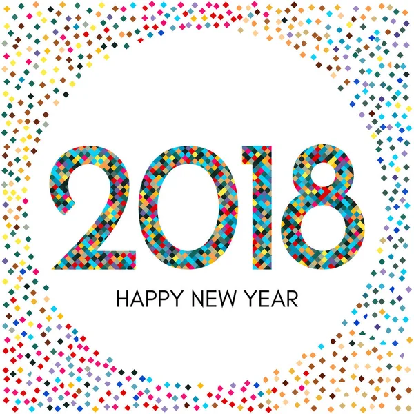 Happy New Year 2018 label with colorful confetti. — Stock Vector