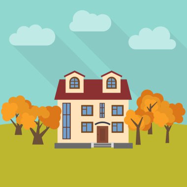 Yalnız iki katlı evde beş sarı ağaçlar olan bir alana