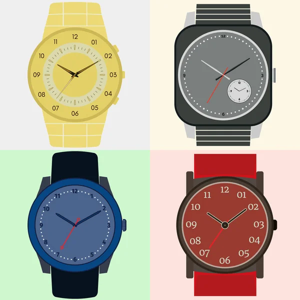 Conjunto de cuatro relojes. Cara de reloj con hora, minuto y segundero . — Archivo Imágenes Vectoriales