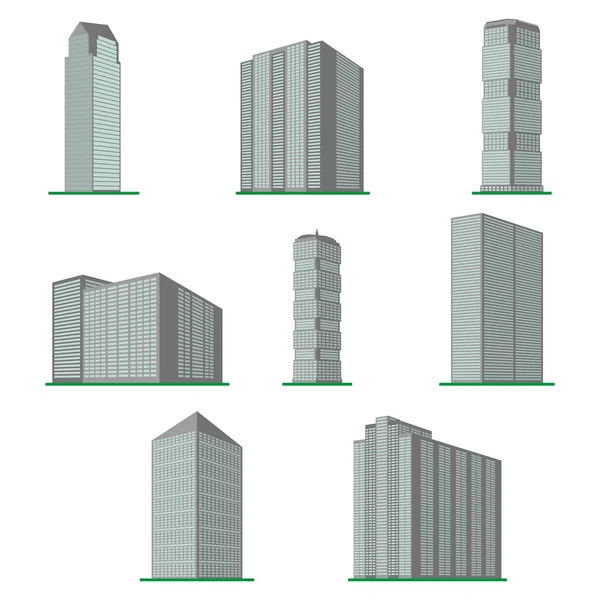 Set aus acht modernen Hochhäusern auf weißem Hintergrund. — Stockvektor