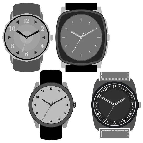 Sada čtyř černé a bílé hodinky na bílém pozadí — Stockový vektor