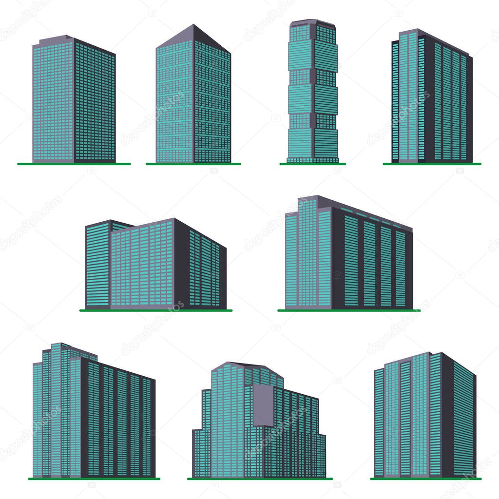 Set of nine  modern high-rise building on a white background