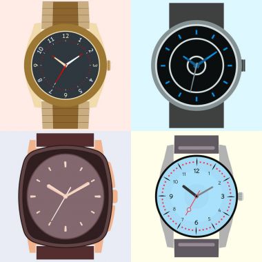 Dört saat kümesi. Saat, dakika ve ikinci el ile saat yüzünü