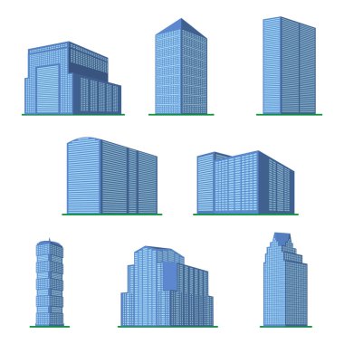 Beyaz bir arka plan üzerine bina sekiz modern yüksek katlı kümesi