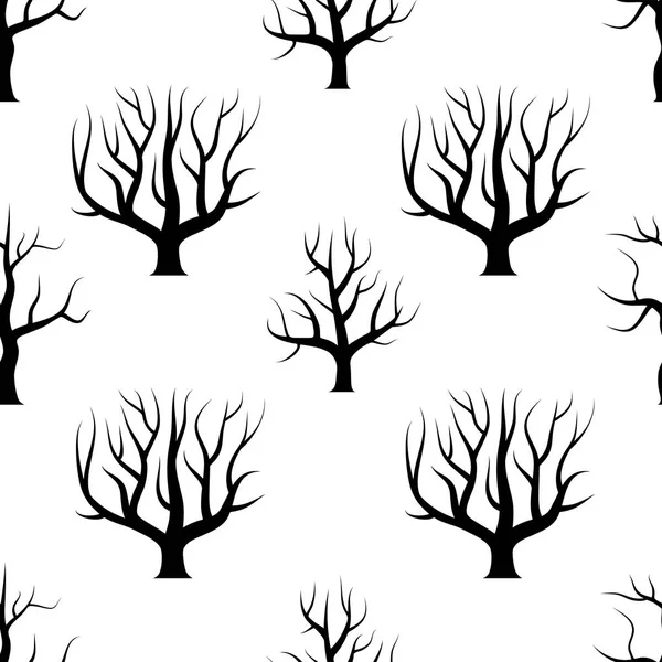 Sömlös svart och böjda träd utan lämnar bakgrunder. — Stock vektor