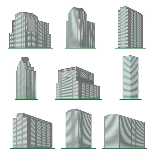 Conjunto de nove arranha-céus modernos sobre um fundo branco —  Vetores de Stock