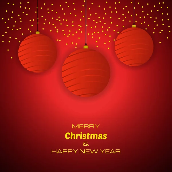 God jul och gott nytt år röd bakgrund med julgranskulor — Stock vektor