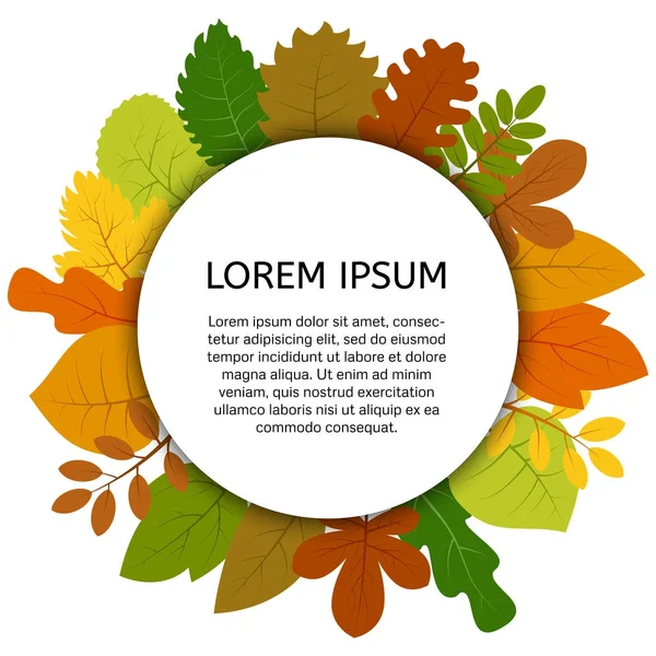 Beyaz yuvarlak etiket altında renkli sonbahar yaprakları