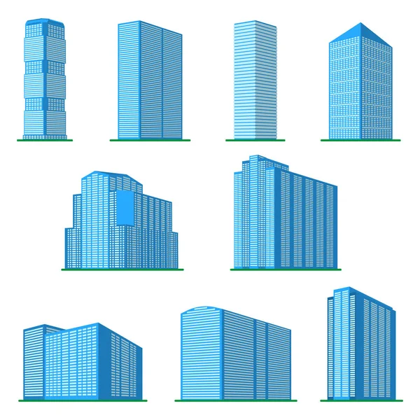 Conjunto de nueve edificios modernos de gran altura sobre un fondo blanco . — Archivo Imágenes Vectoriales