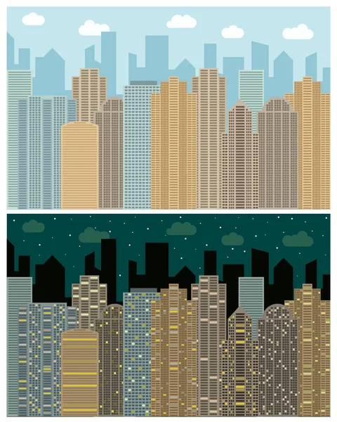 Vue sur la rue avec paysage urbain, gratte-ciel et bâtiments modernes le jour et la nuit — Image vectorielle