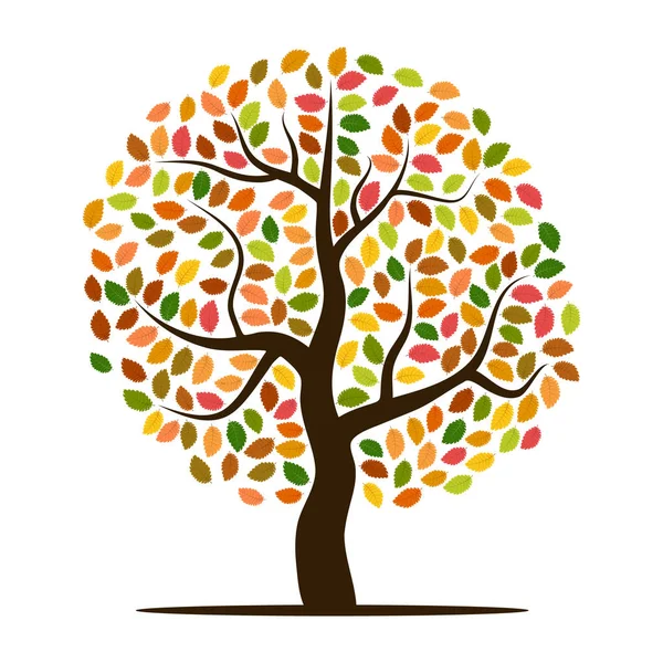 Herbstbaum mit gelben, orangen, braunen und grünen Blättern — Stockvektor