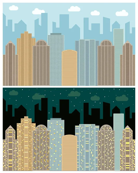 Vue sur la rue avec paysage urbain, gratte-ciel et bâtiments modernes le jour et la nuit . — Image vectorielle