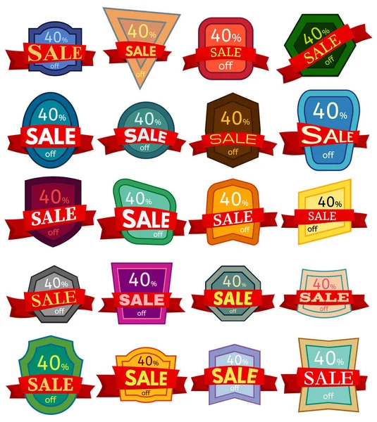 Conjunto de vinte adesivos de desconto. Emblemas coloridos com fita vermelha para venda 40 por cento fora . —  Vetores de Stock