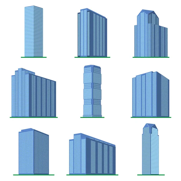 Conjunto de nueve edificios modernos de gran altura sobre un fondo blanco . — Archivo Imágenes Vectoriales