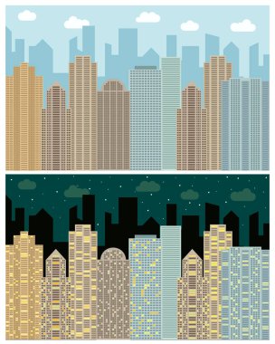 Cityscape, gökdelenler ve gün ve gece modern binalar ile sokak görünümü