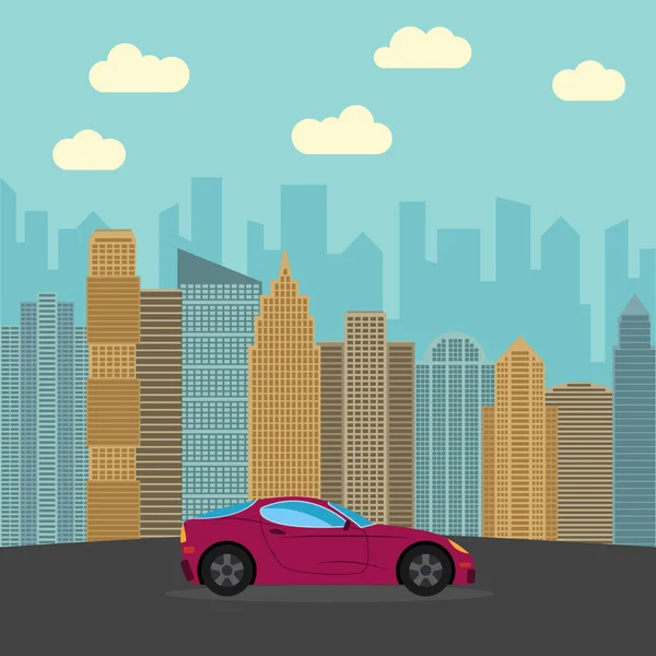 Coche deportivo rojo en la ciudad. Automóvil sobre un fondo de rascacielos en un día soleado . — Vector de stock