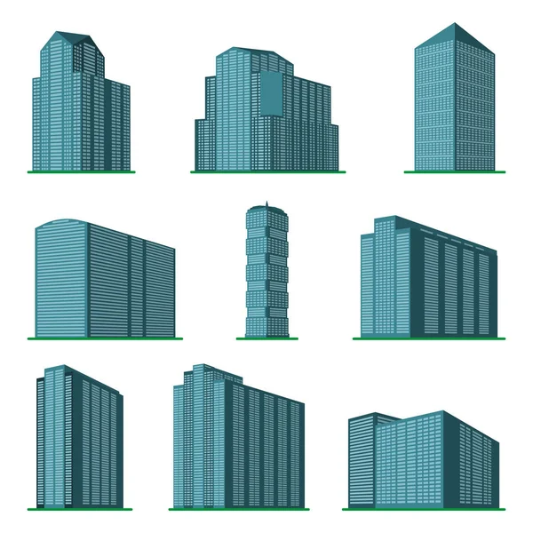 Conjunto de nove arranha-céus modernos sobre um fundo branco . — Vetor de Stock