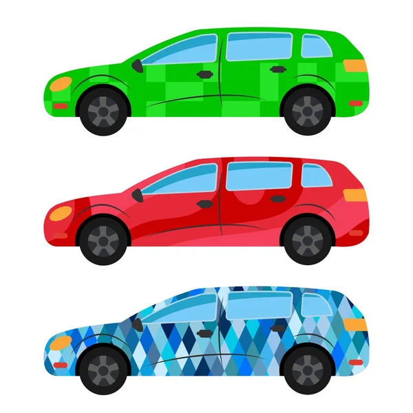 Um conjunto de três carros pintados em cores diferentes —  Vetores de Stock